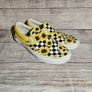 Vans Customs Checkerboard Sunflower Slip On Canvas Sneakers